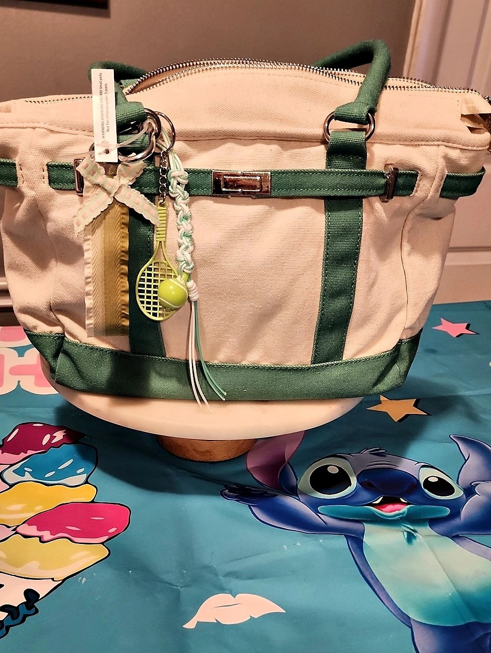 madden girl Tennis Charm Canvas Midi Tote Bag Green & Cream
